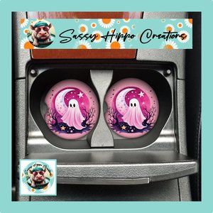 Car Coasters Pink Ghost Stars and Moon Halloween Set of 2 Neoprene Absorbent